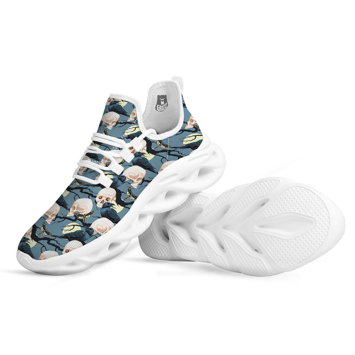 Raven Skull Print Pattern White Running Shoes-grizzshop
