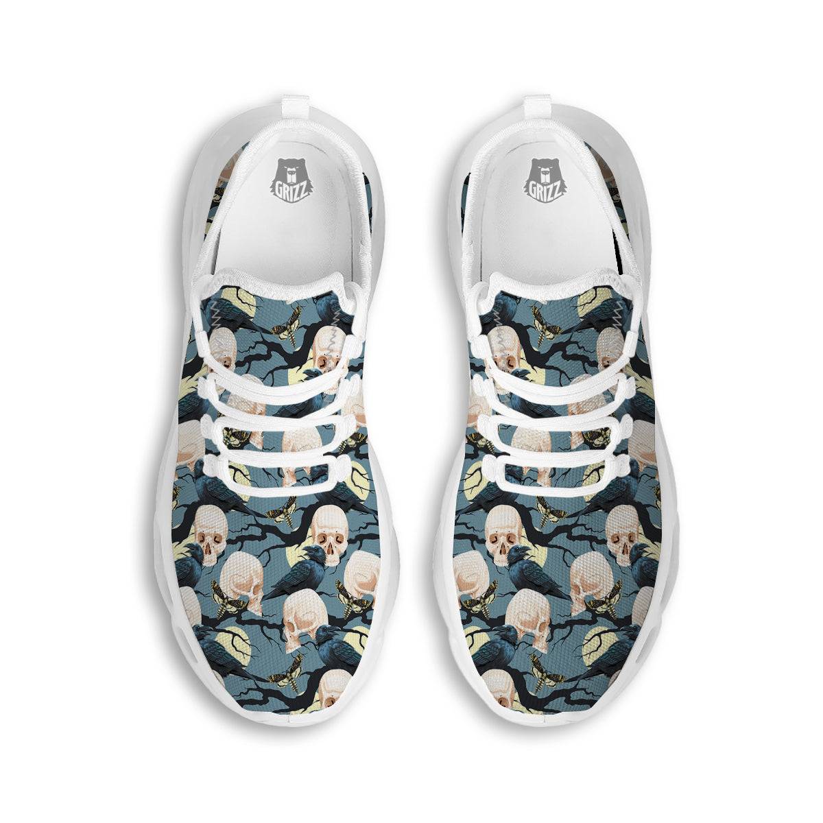Raven Skull Print Pattern White Running Shoes-grizzshop