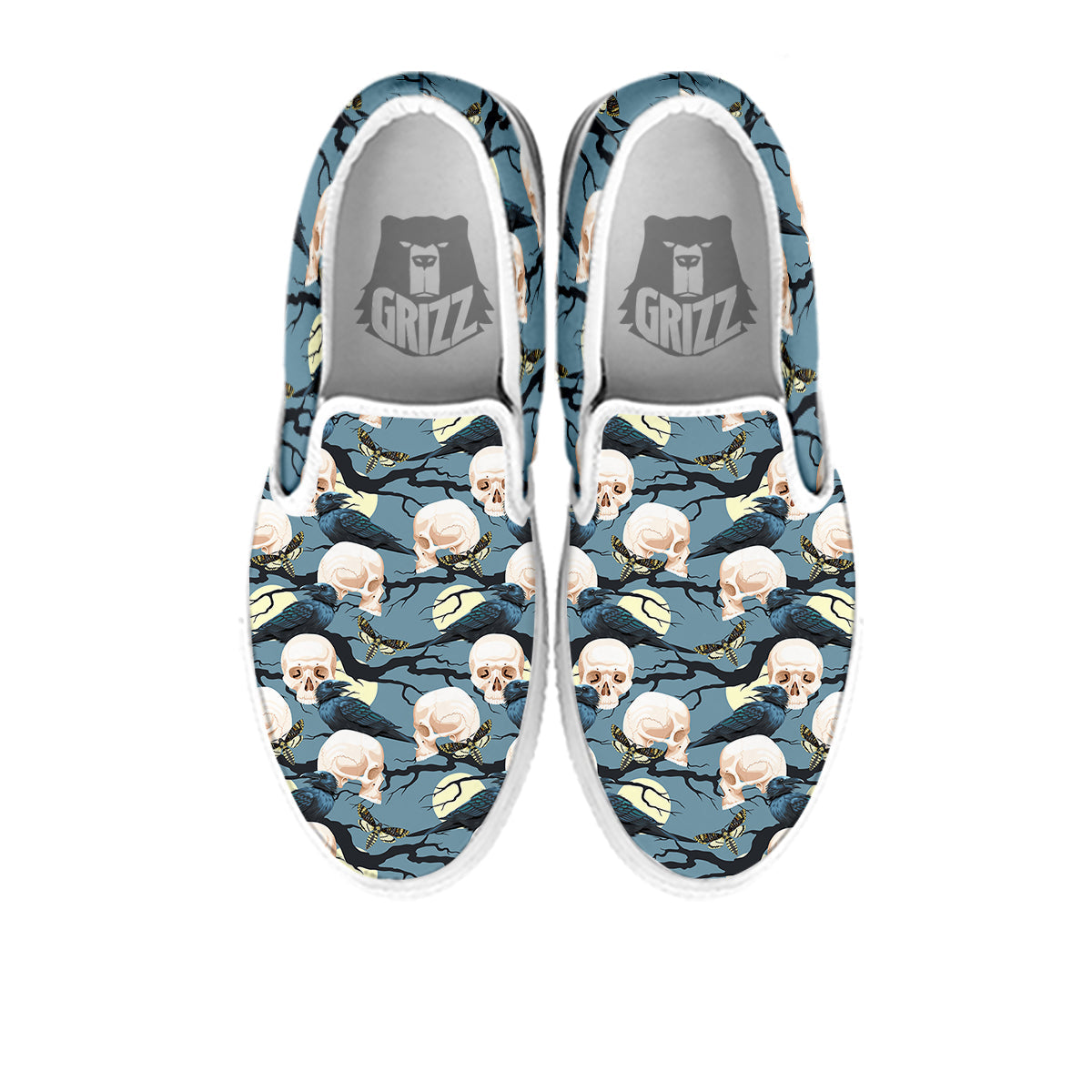 Raven Skull Print Pattern White Slip On Shoes-grizzshop