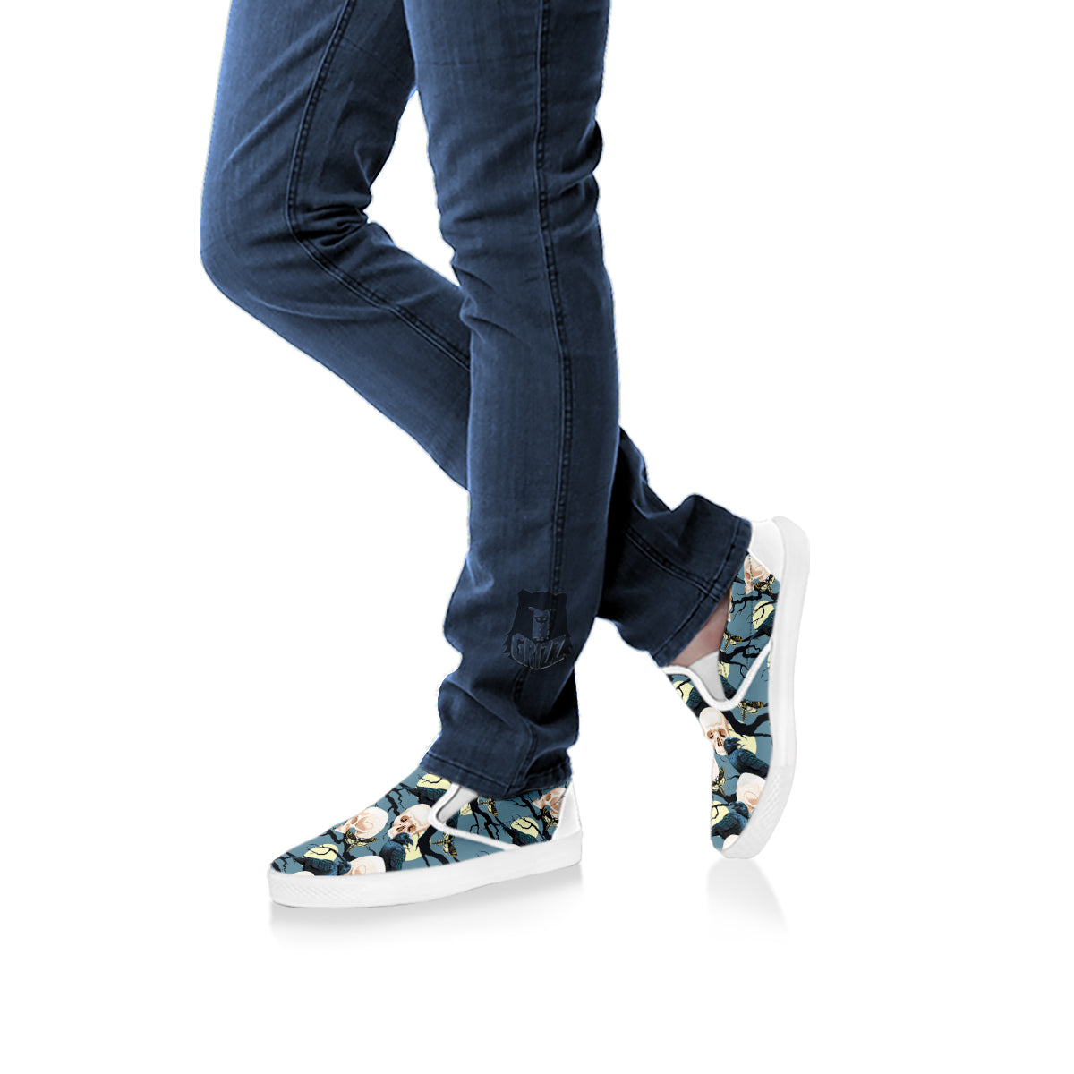 Raven Skull Print Pattern White Slip On Shoes-grizzshop
