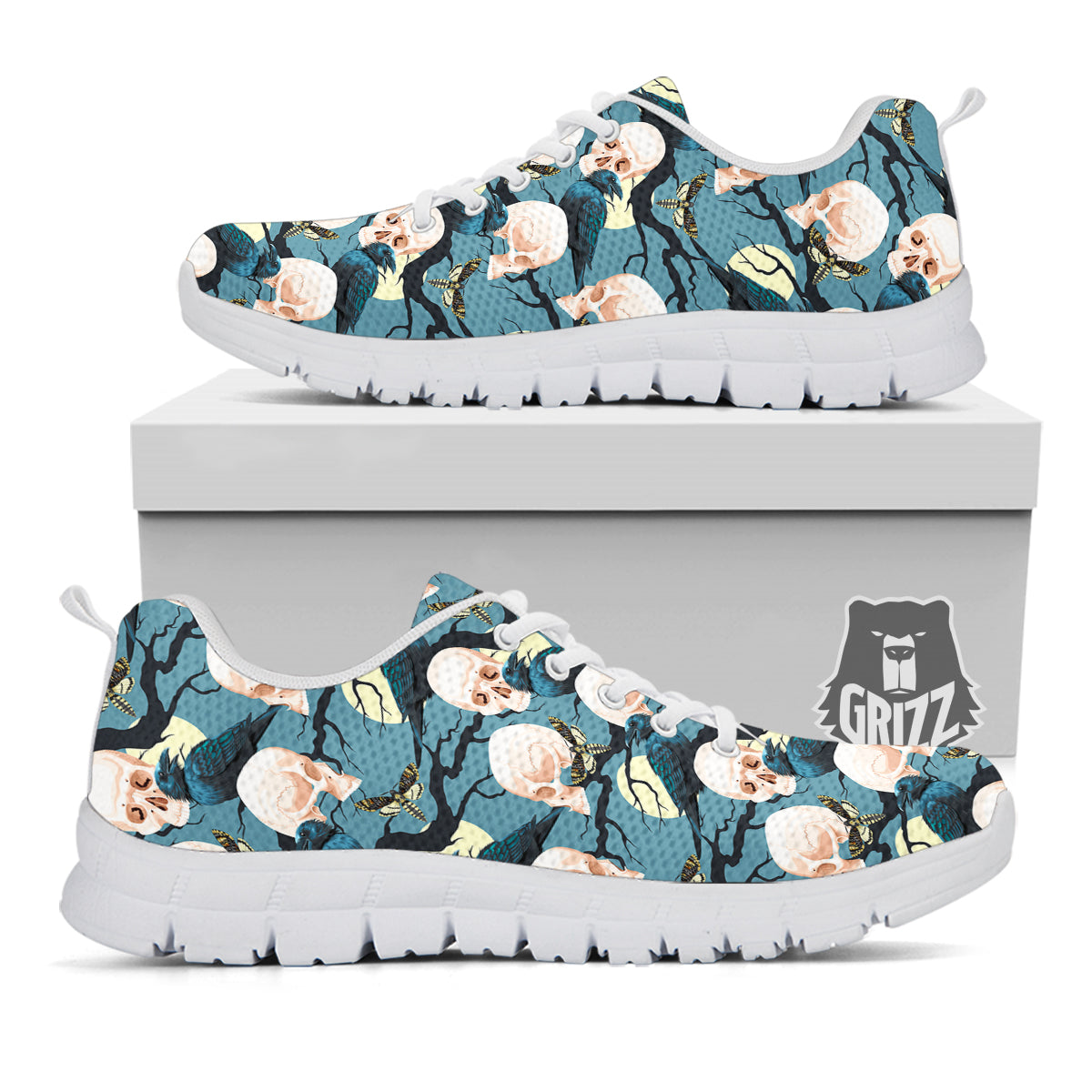 Raven Skull Print Pattern White Sneaker-grizzshop