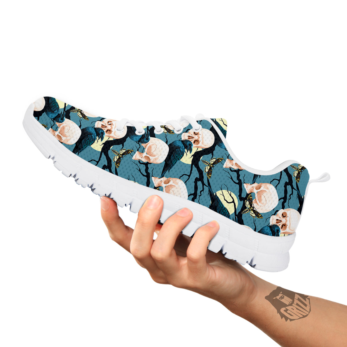 Raven Skull Print Pattern White Sneaker-grizzshop
