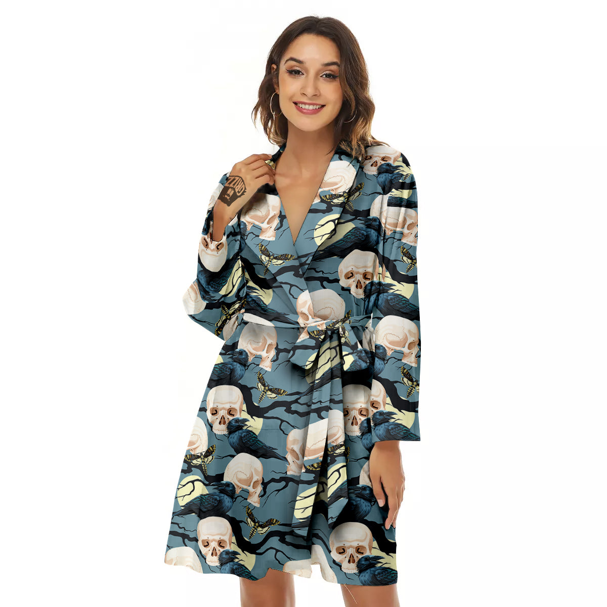 Raven Skull Print Pattern Women's Robe-grizzshop