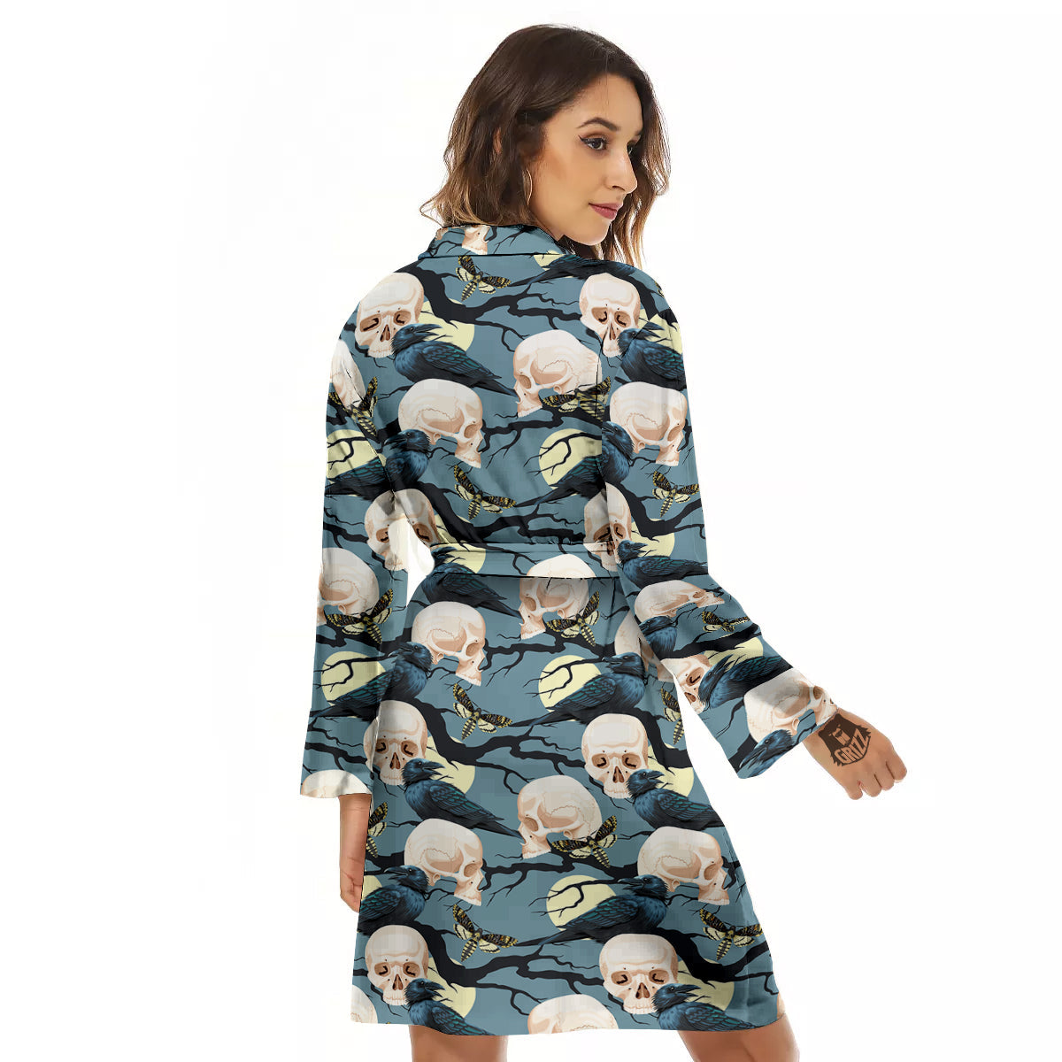 Raven Skull Print Pattern Women's Robe-grizzshop