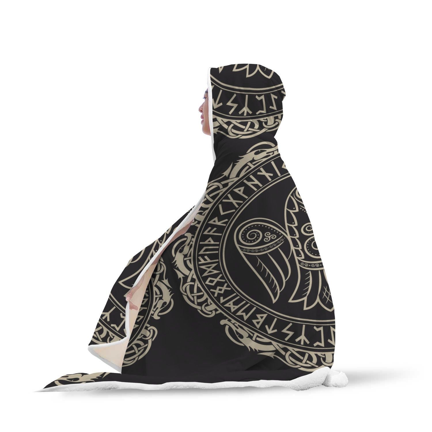 Raven Viking Odin Sword Print Hooded Blanket-grizzshop