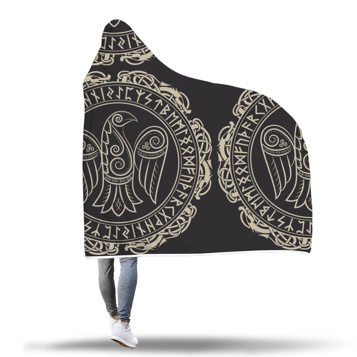 Raven Viking Odin Sword Print Hooded Blanket-grizzshop