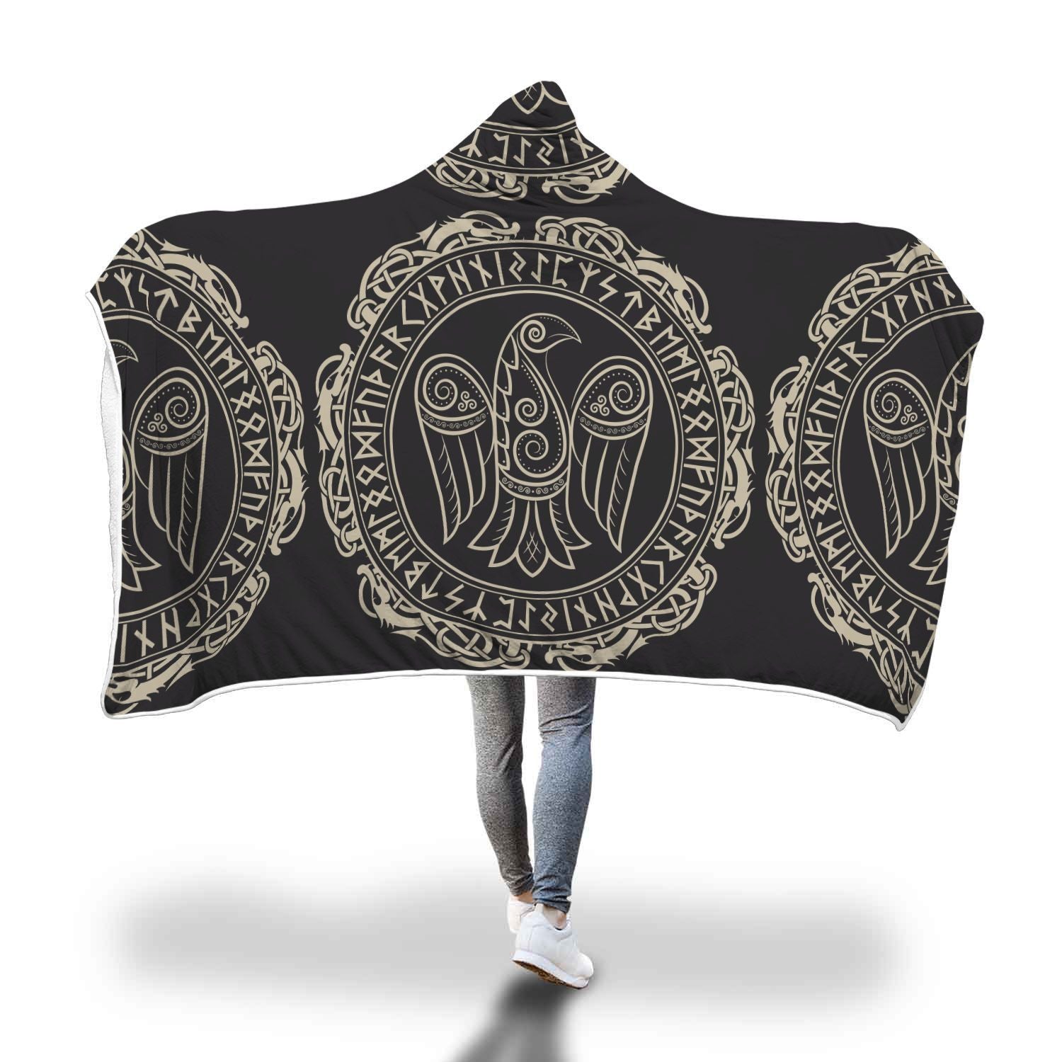 Raven Viking Odin Sword Print Hooded Blanket-grizzshop