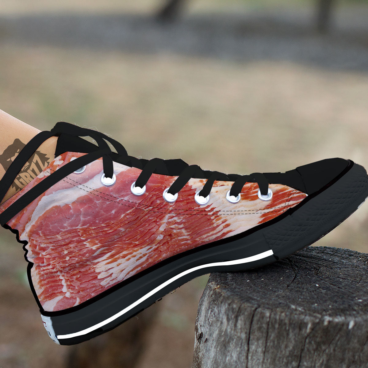 Raw Bacon Print Black High Top Shoes-grizzshop