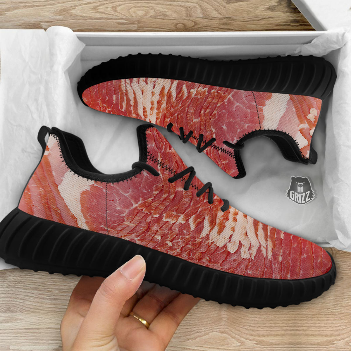 Raw Bacon Print Black Walking Shoes-grizzshop