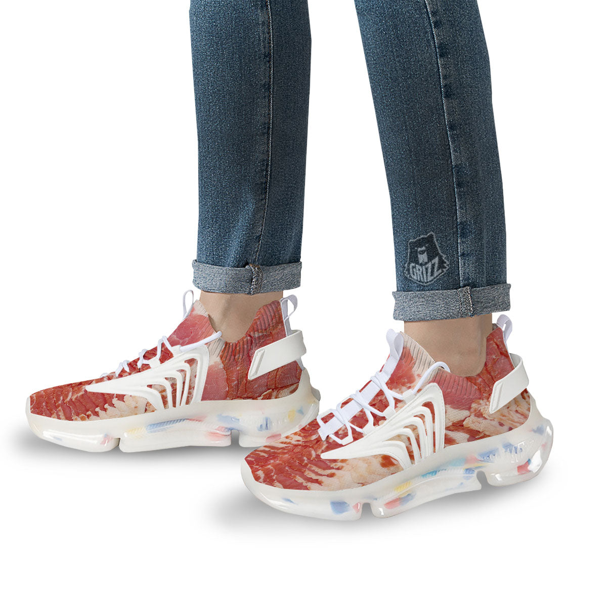 Raw Bacon Print White Gym Shoes-grizzshop
