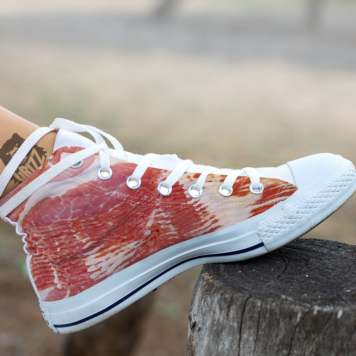 Raw Bacon Print White High Top Shoes-grizzshop