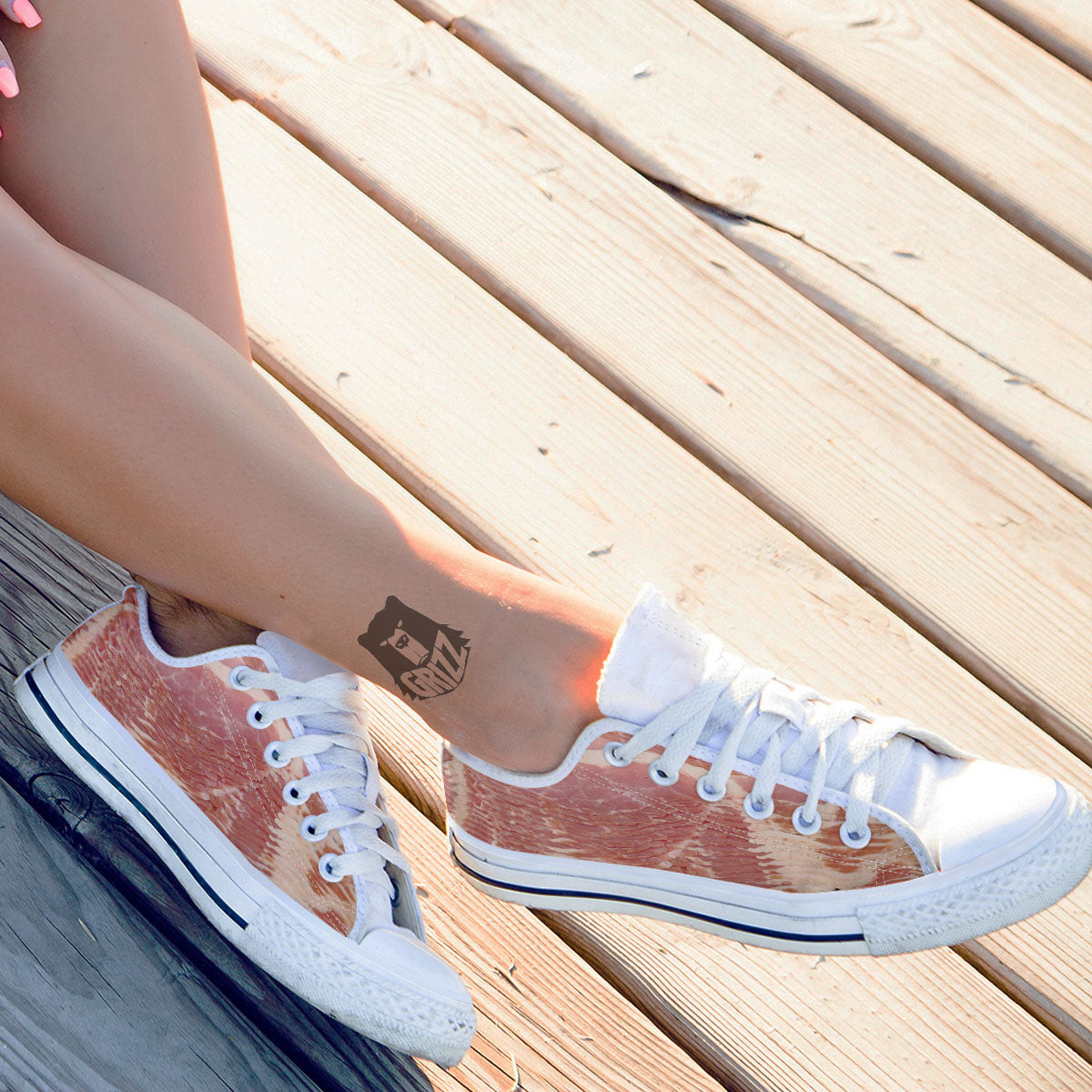 Raw Bacon Print White Low Top Shoes-grizzshop