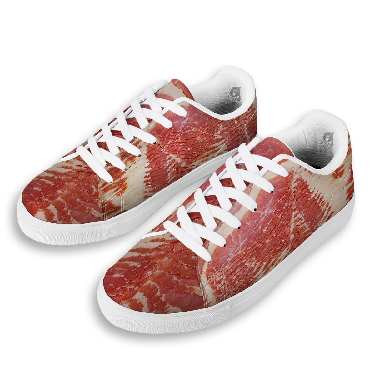 Raw Bacon Print White Low Top Sneakers-grizzshop