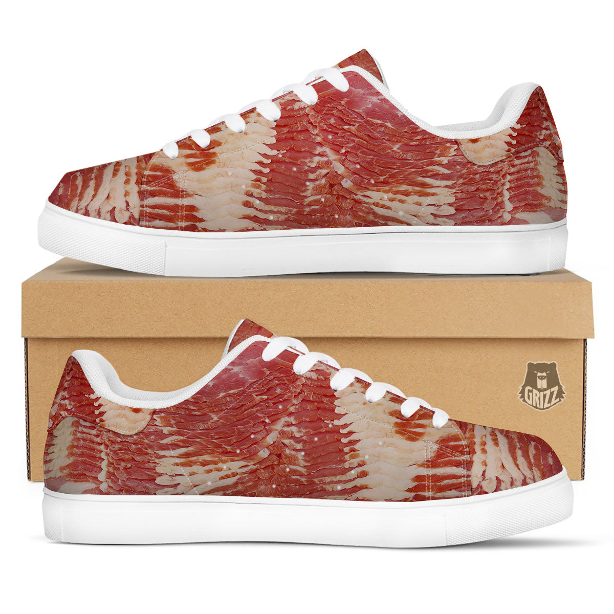 Raw Bacon Print White Low Top Sneakers-grizzshop