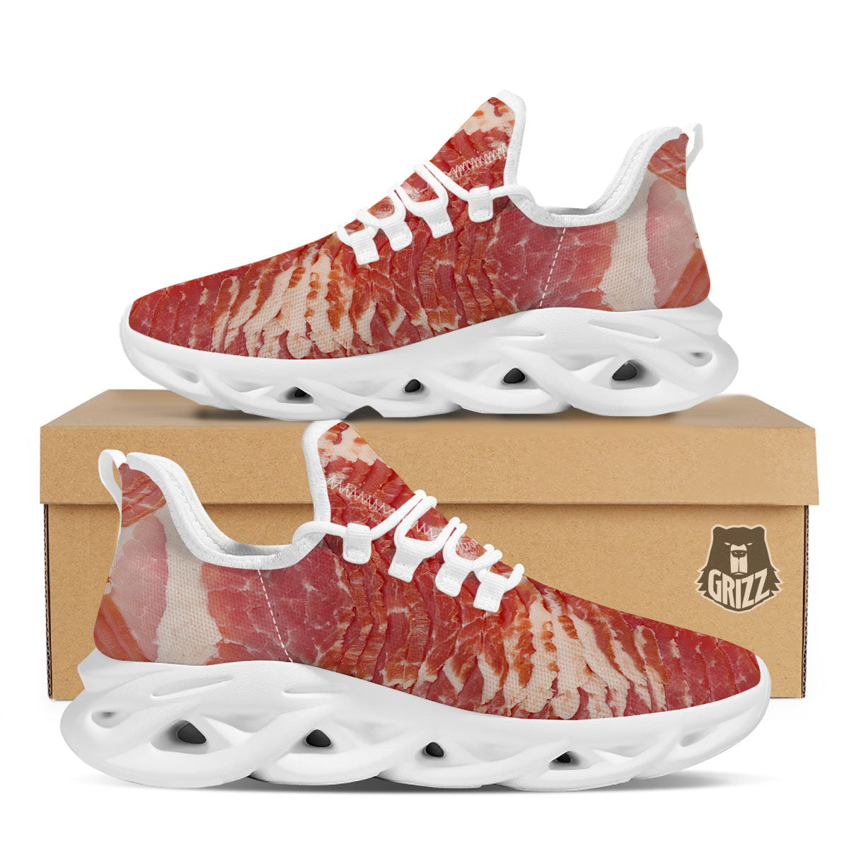 Raw Bacon Print White Running Shoes-grizzshop