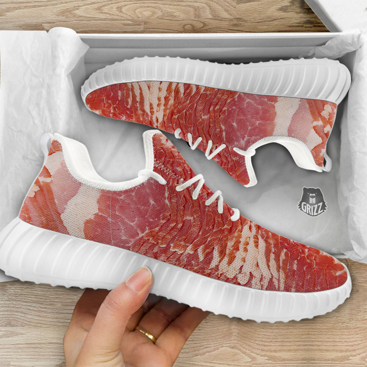 Raw Bacon Print White Walking Shoes-grizzshop