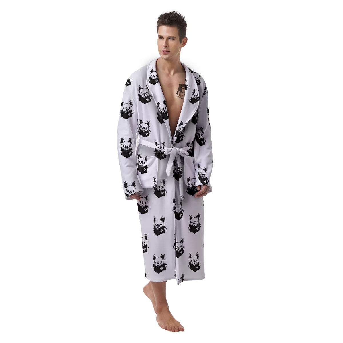 Reading Book French Bulldog Print Men's Robe-grizzshop