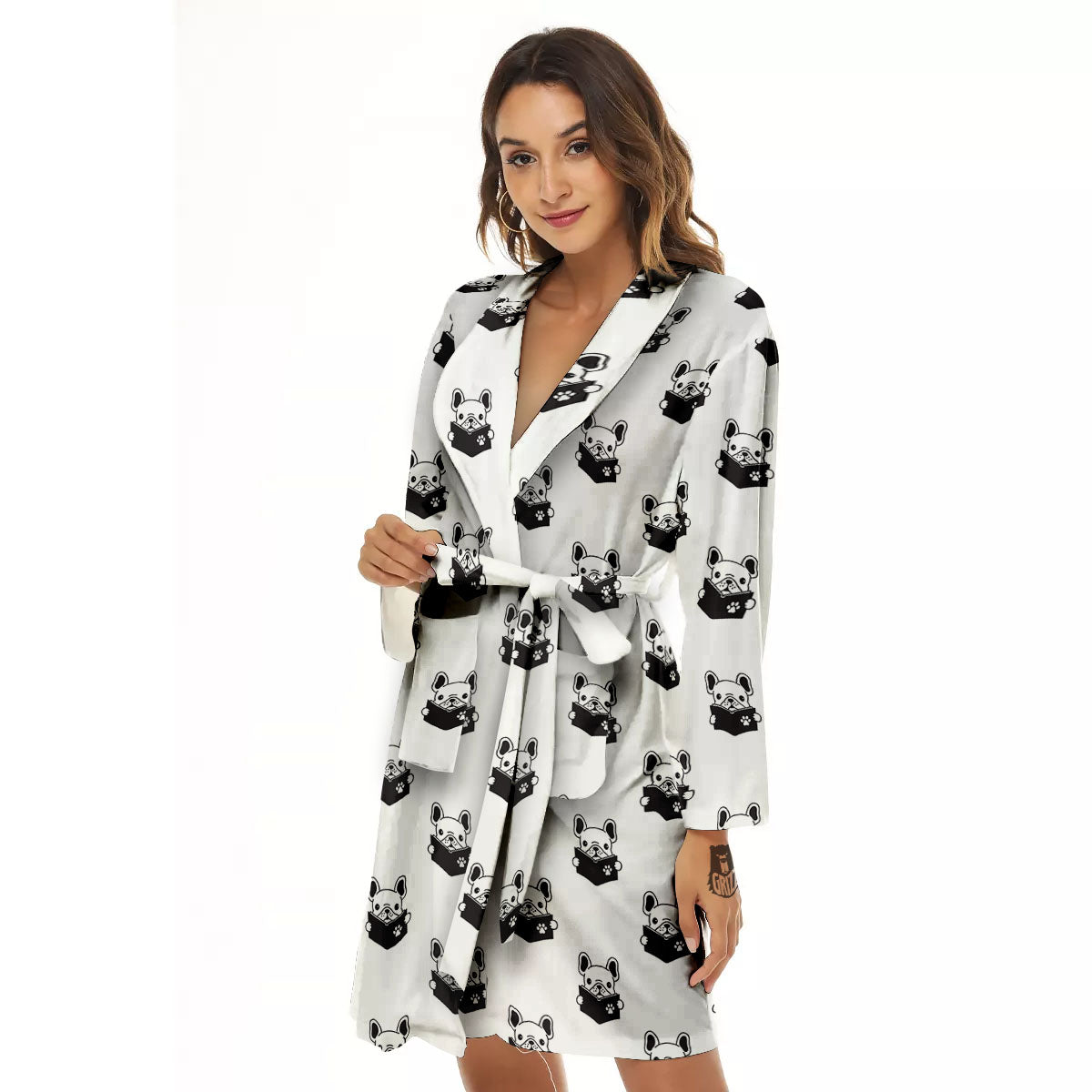 Reading Book French Bulldog Print Women's Robe-grizzshop