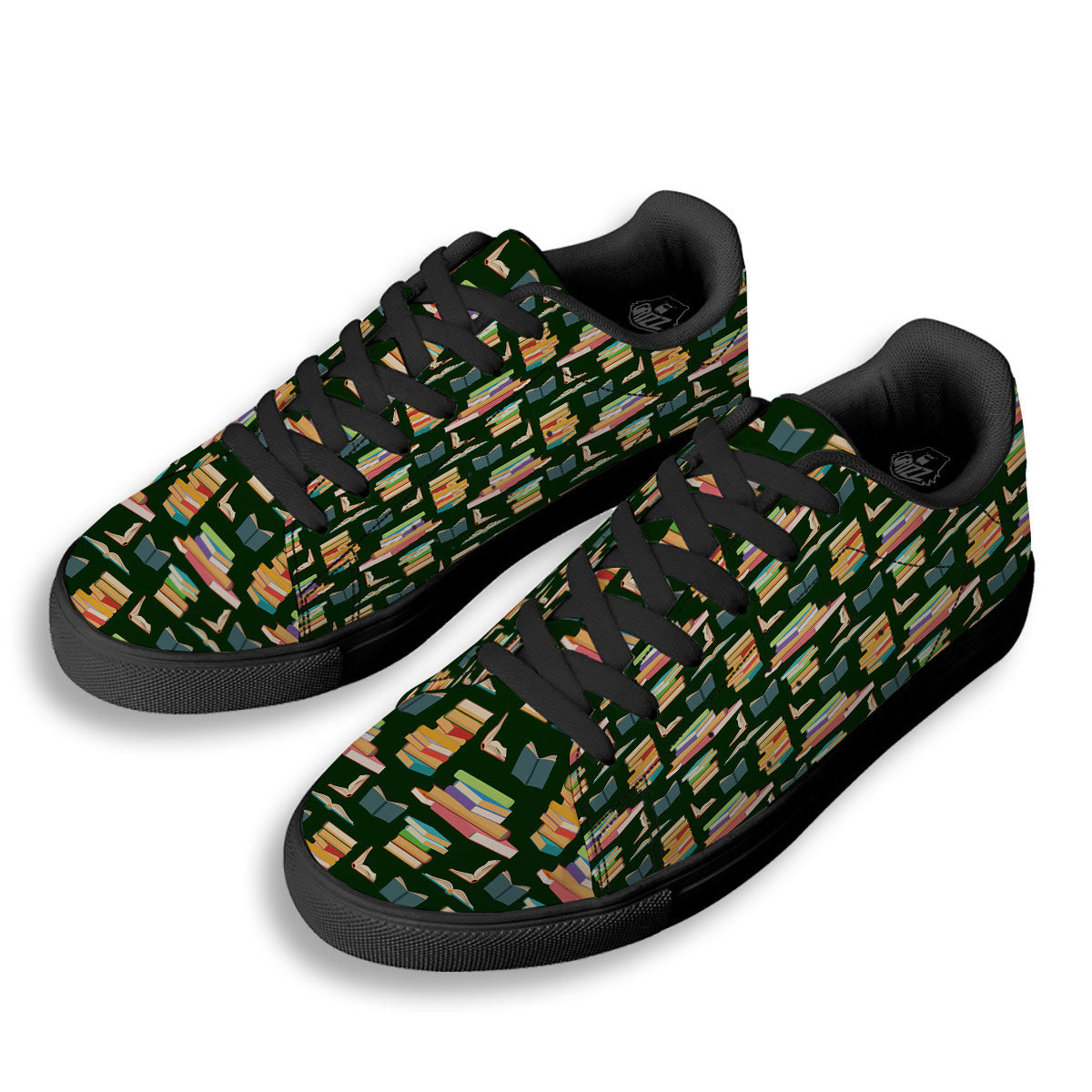 Reading Books Pile Print Pattern Black Low Top Sneakers-grizzshop