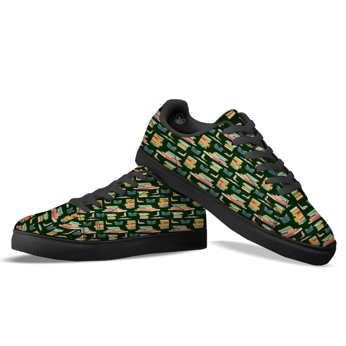 Reading Books Pile Print Pattern Black Low Top Sneakers-grizzshop