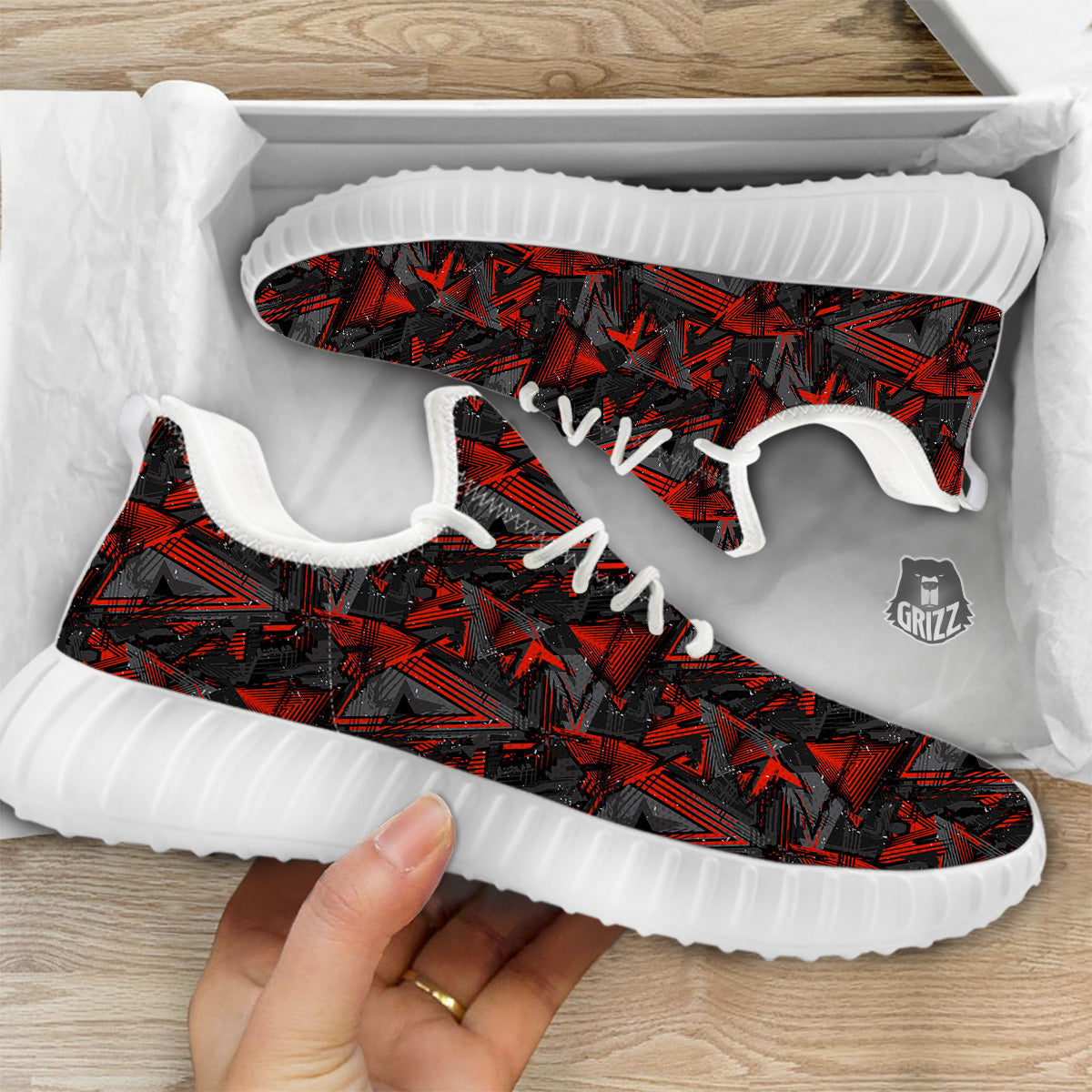 Red Abstract Grunge Print Pattern White Walking Shoes-grizzshop