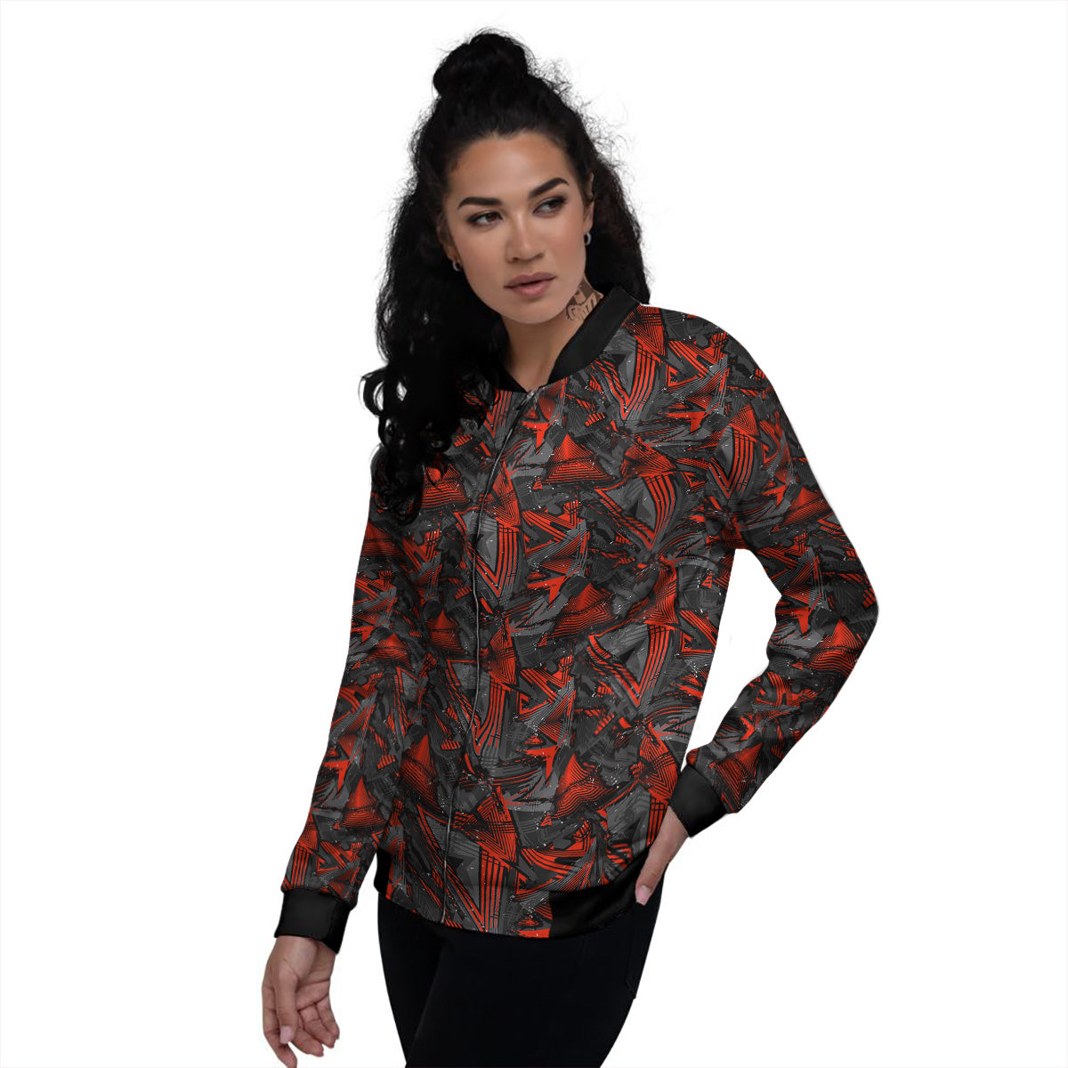 Red Abstract Grunge Print Pattern Women's Bomber Jacket-grizzshop