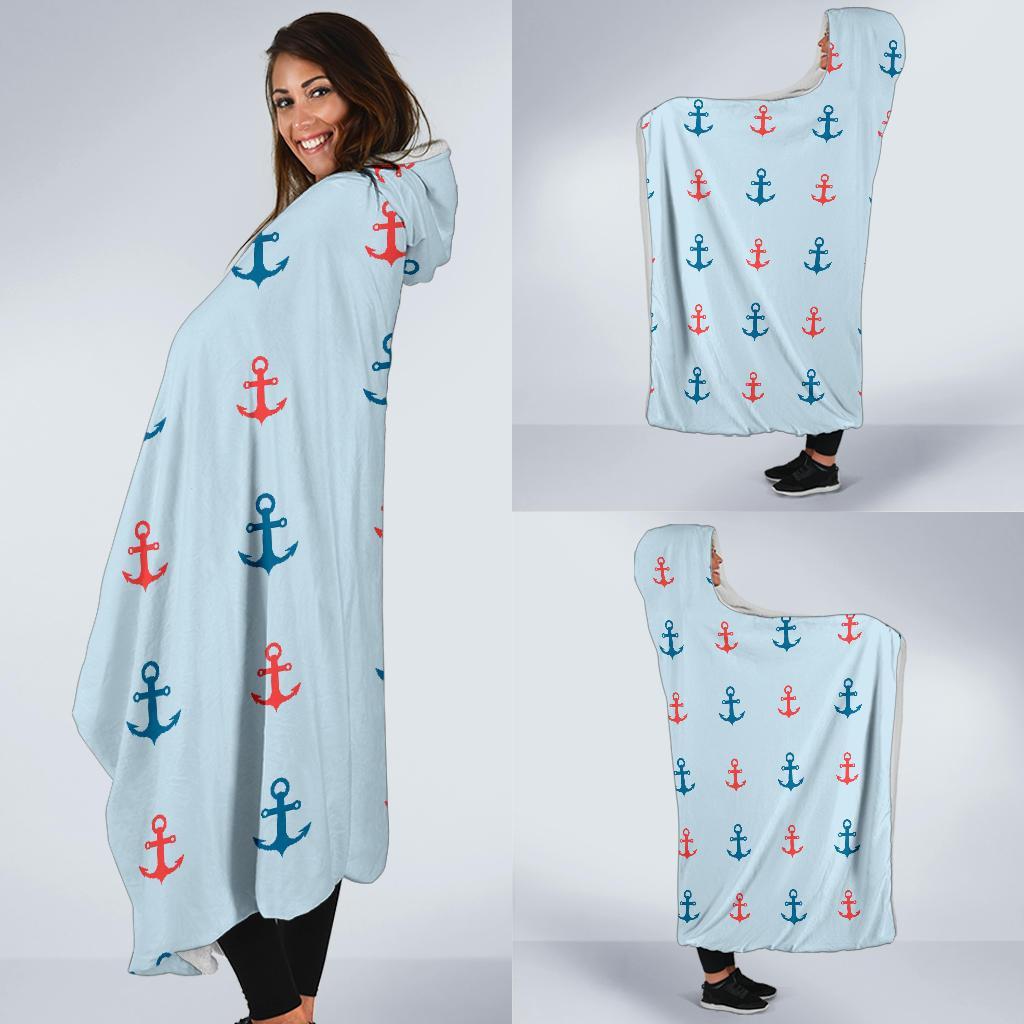 Red Anchor Nautical Pattern Print Hooded Blanket-grizzshop