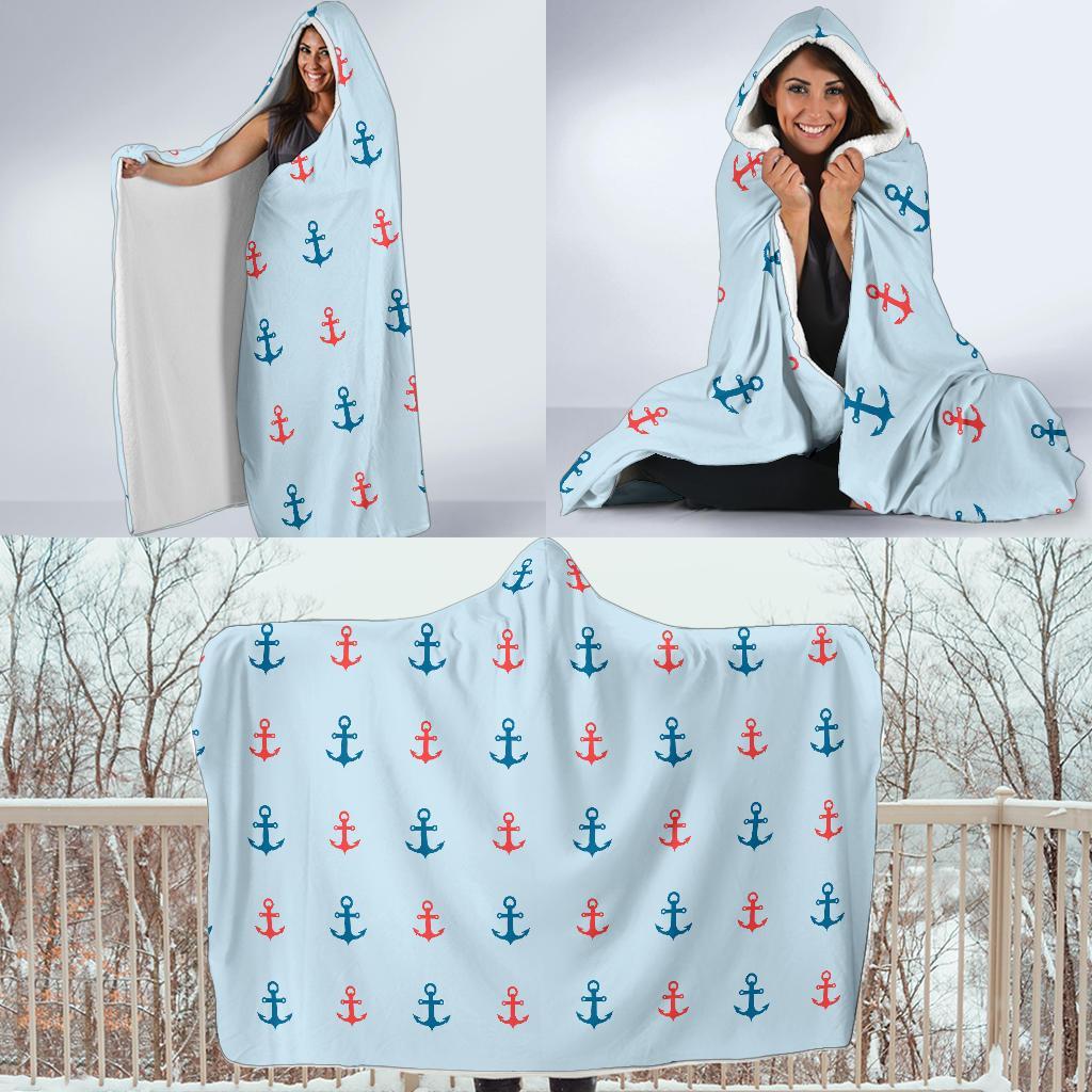 Red Anchor Nautical Pattern Print Hooded Blanket-grizzshop