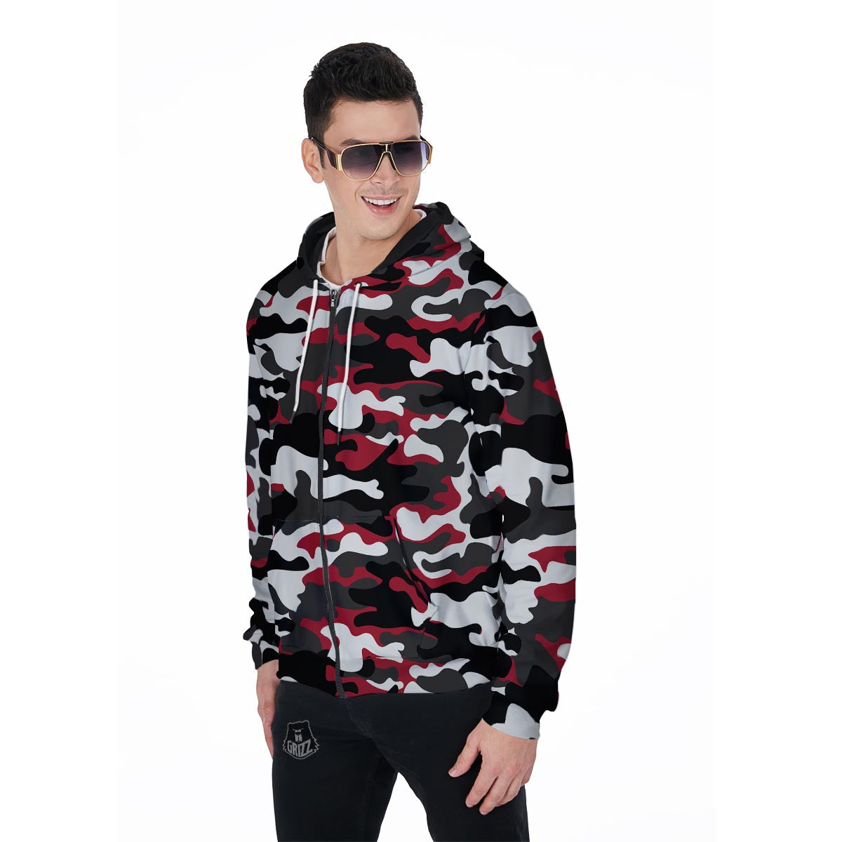 Red And Black Camouflage Print Men's Zip Up Hoodie-grizzshop