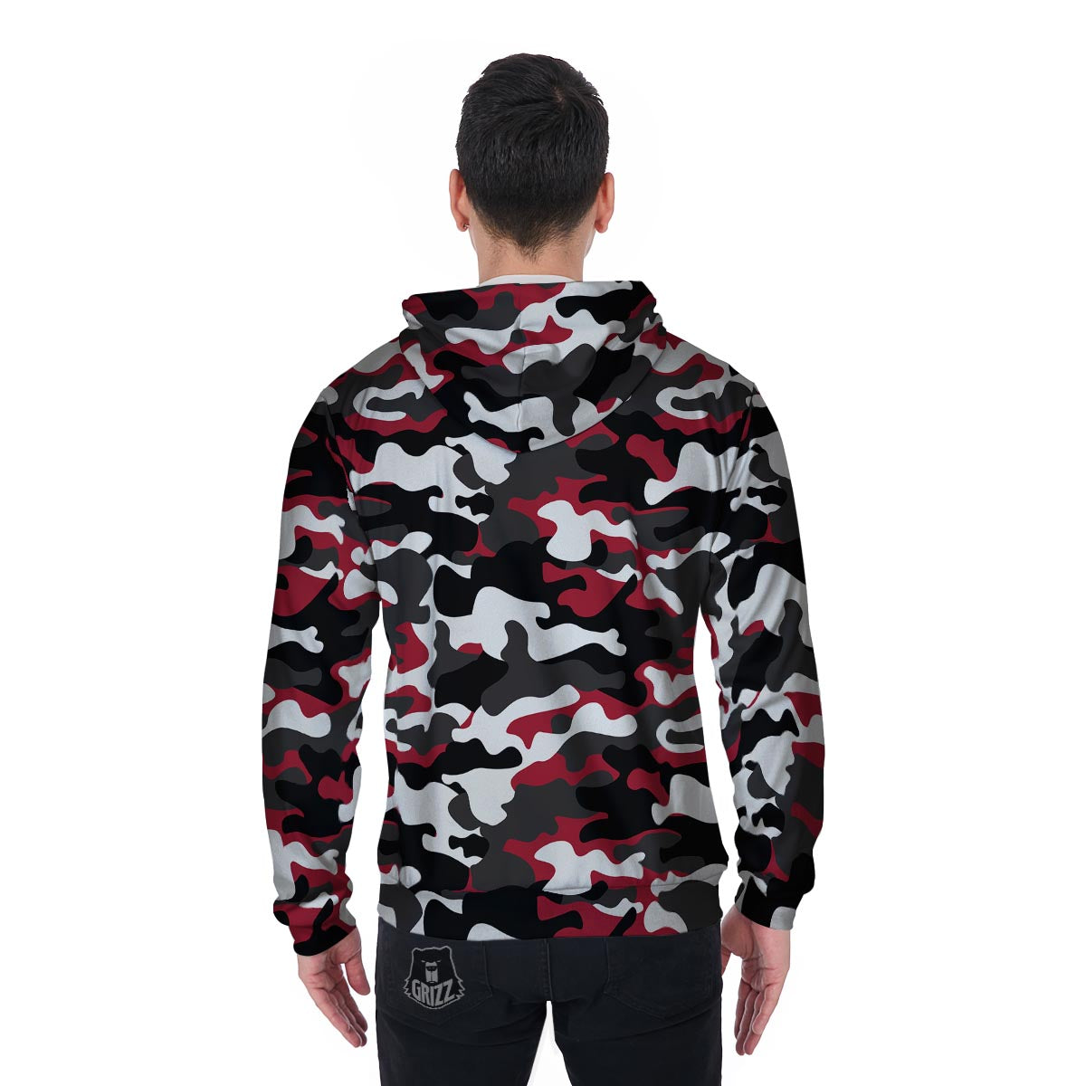 Red And Black Camouflage Print Men's Zip Up Hoodie-grizzshop