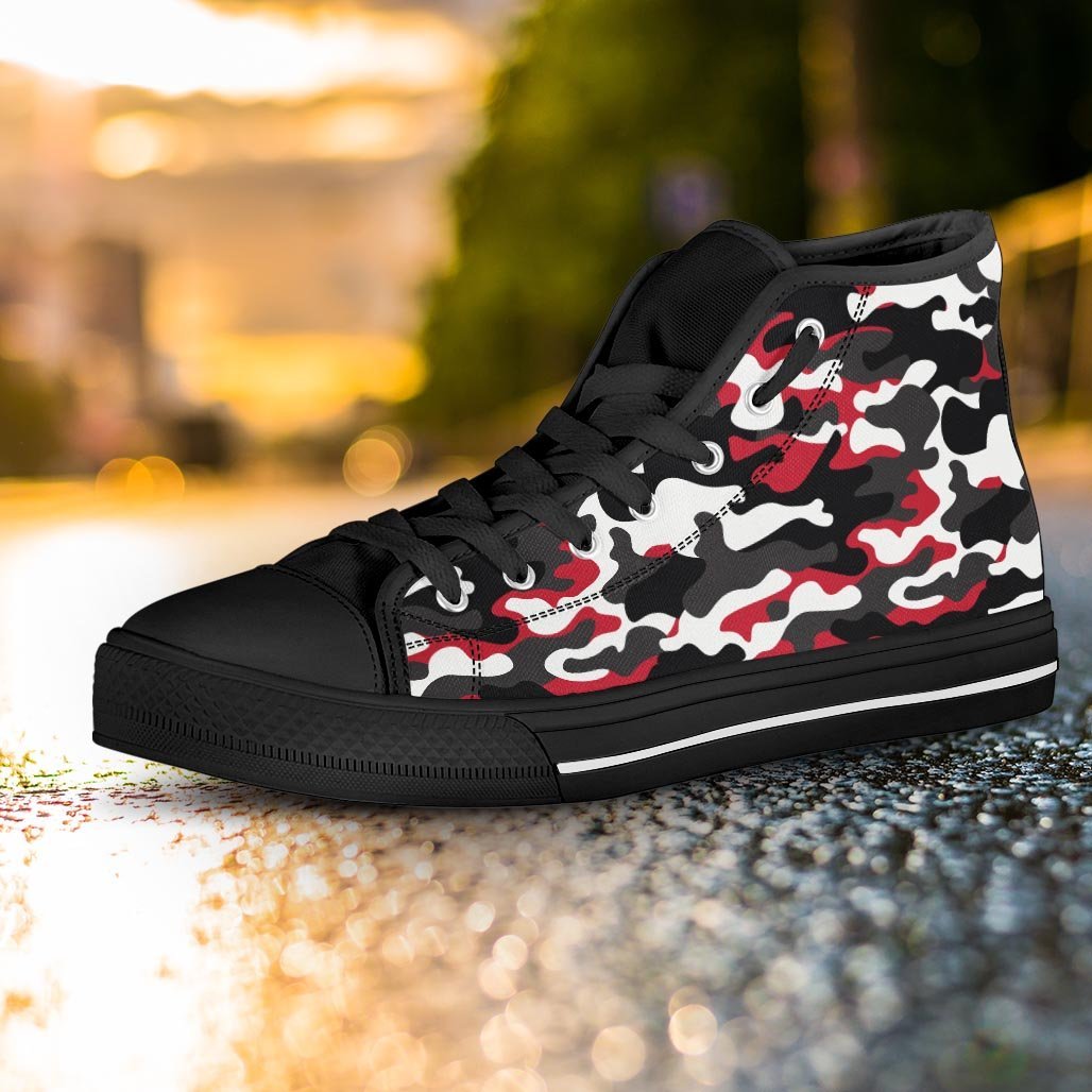 Red And Black Camouflage Print Women's High Top Shoes-grizzshop