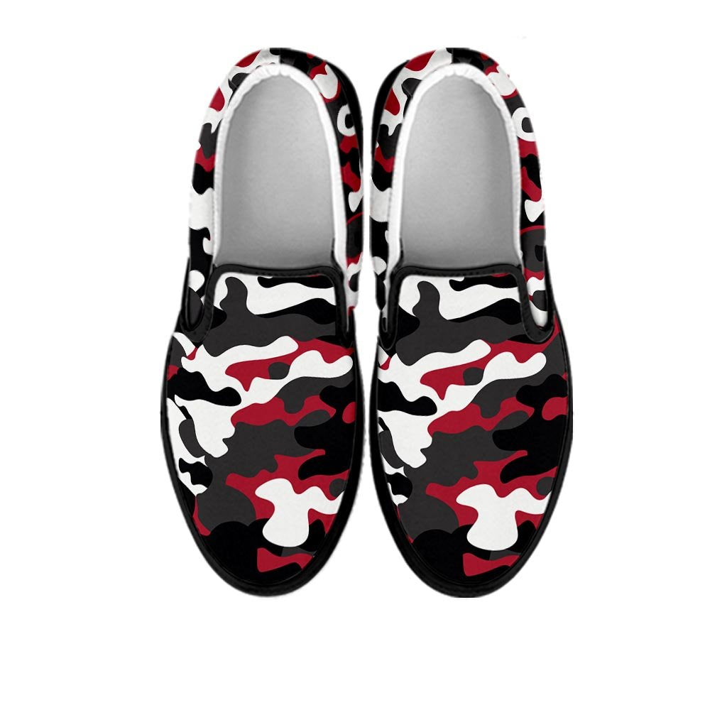 Red And Black Camouflage Print Women's Slip On Sneakers-grizzshop