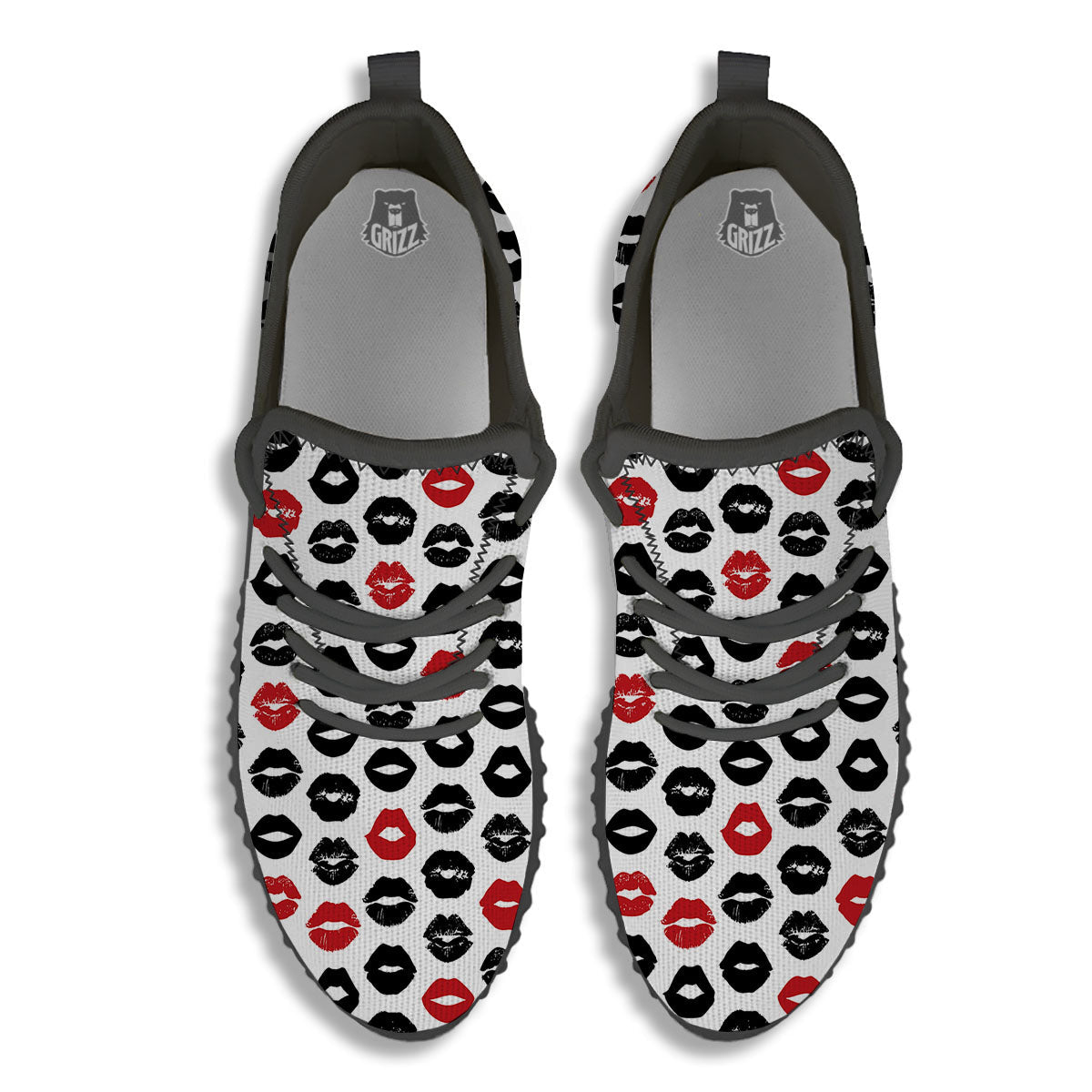 Red And Black Lips Print Pattern Black Walking Shoes-grizzshop