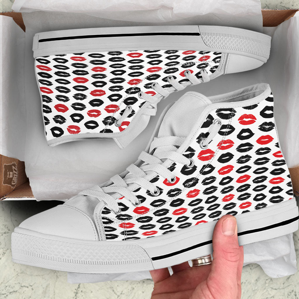 Red And Black Lips Print Pattern White High Top Shoes-grizzshop