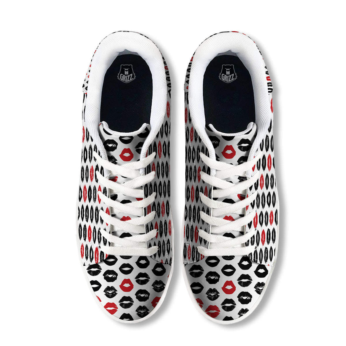 Red And Black Lips Print Pattern White Low Top Sneakers-grizzshop
