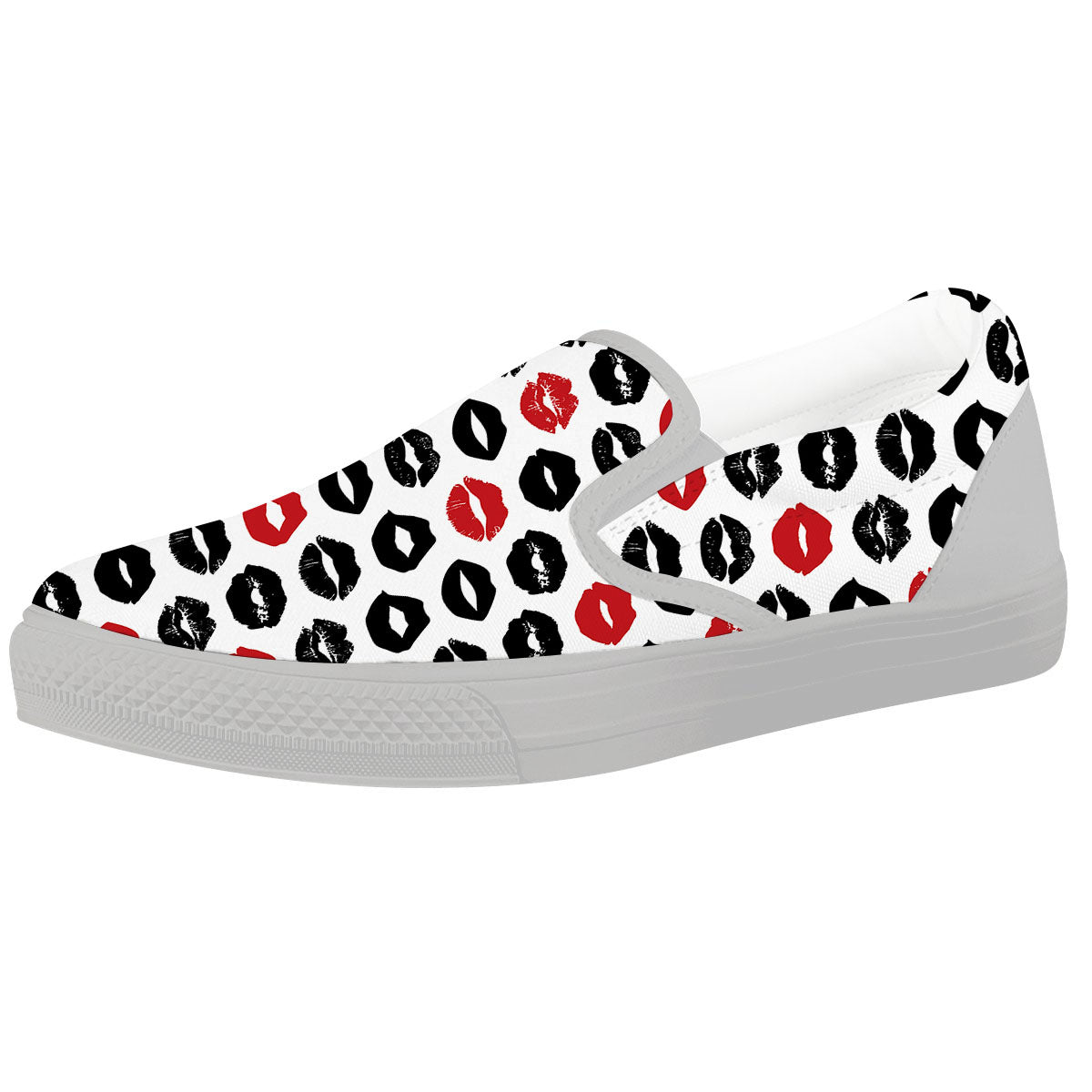 Red And Black Lips Print Pattern White Slip On Shoes-grizzshop