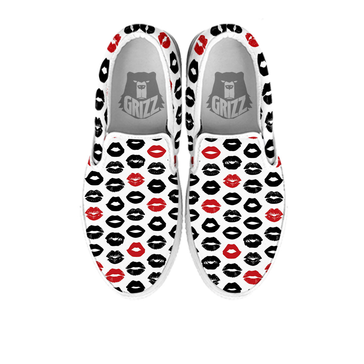 Red And Black Lips Print Pattern White Slip On Shoes-grizzshop
