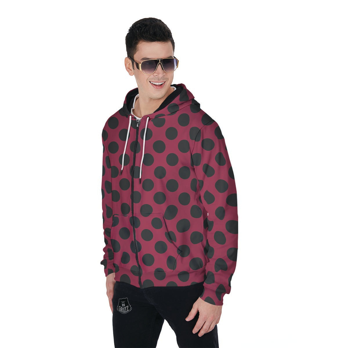 Red And Black Polka Dot Men's Zip Up Hoodie-grizzshop
