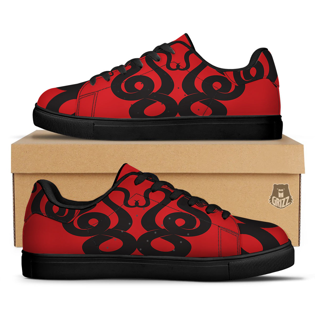 Red And Black Snakes Sign Print Black Low Top Sneakers-grizzshop