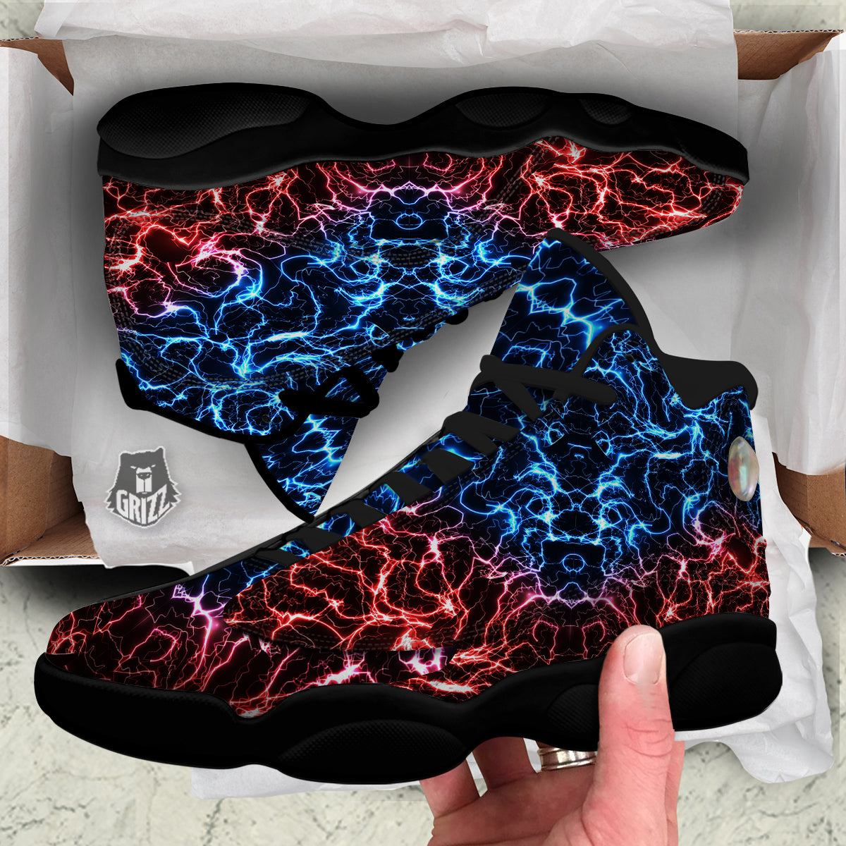Red And Blue Electrical Print Black Basketball Shoes-grizzshop