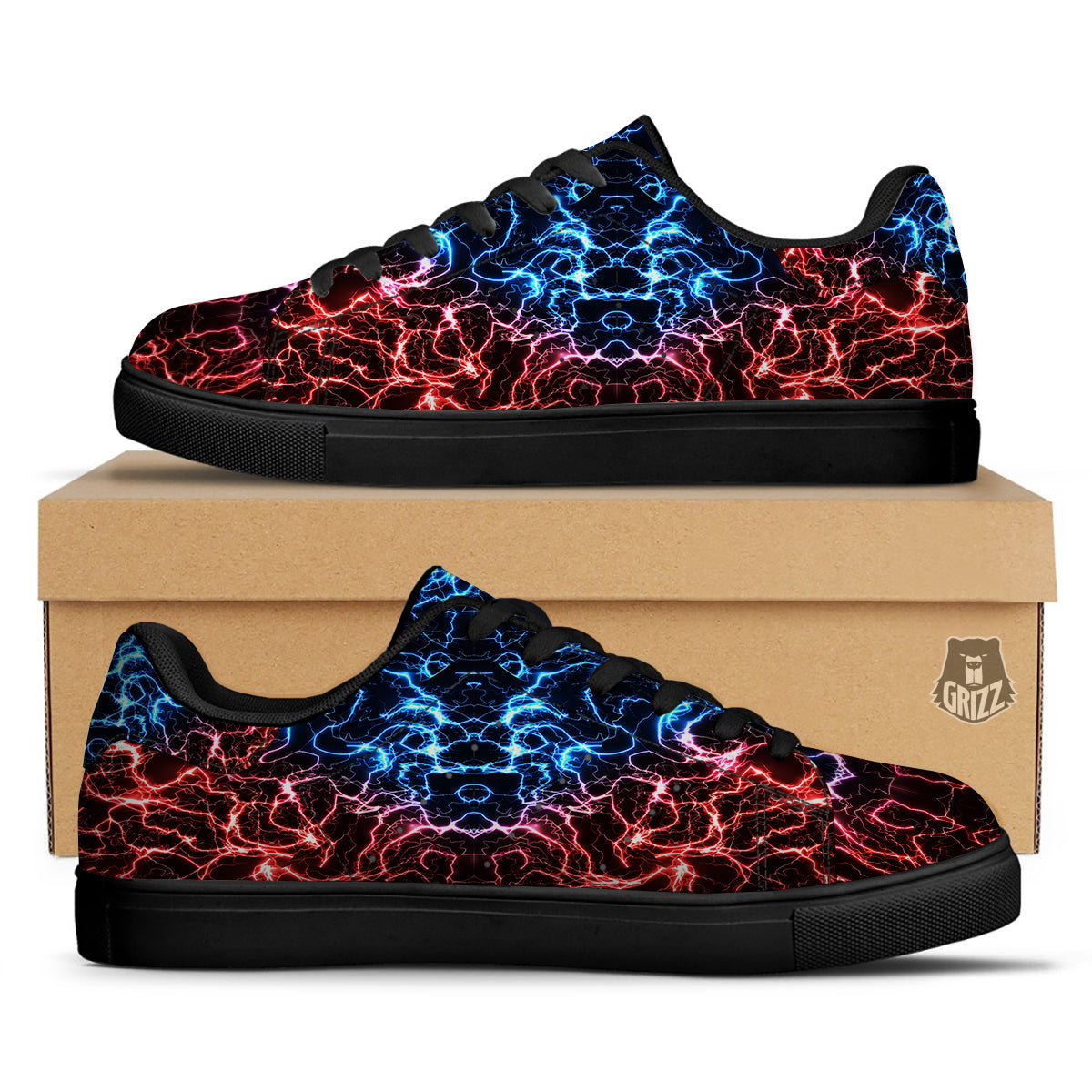 Red And Blue Electrical Print Black Low Top Sneakers-grizzshop