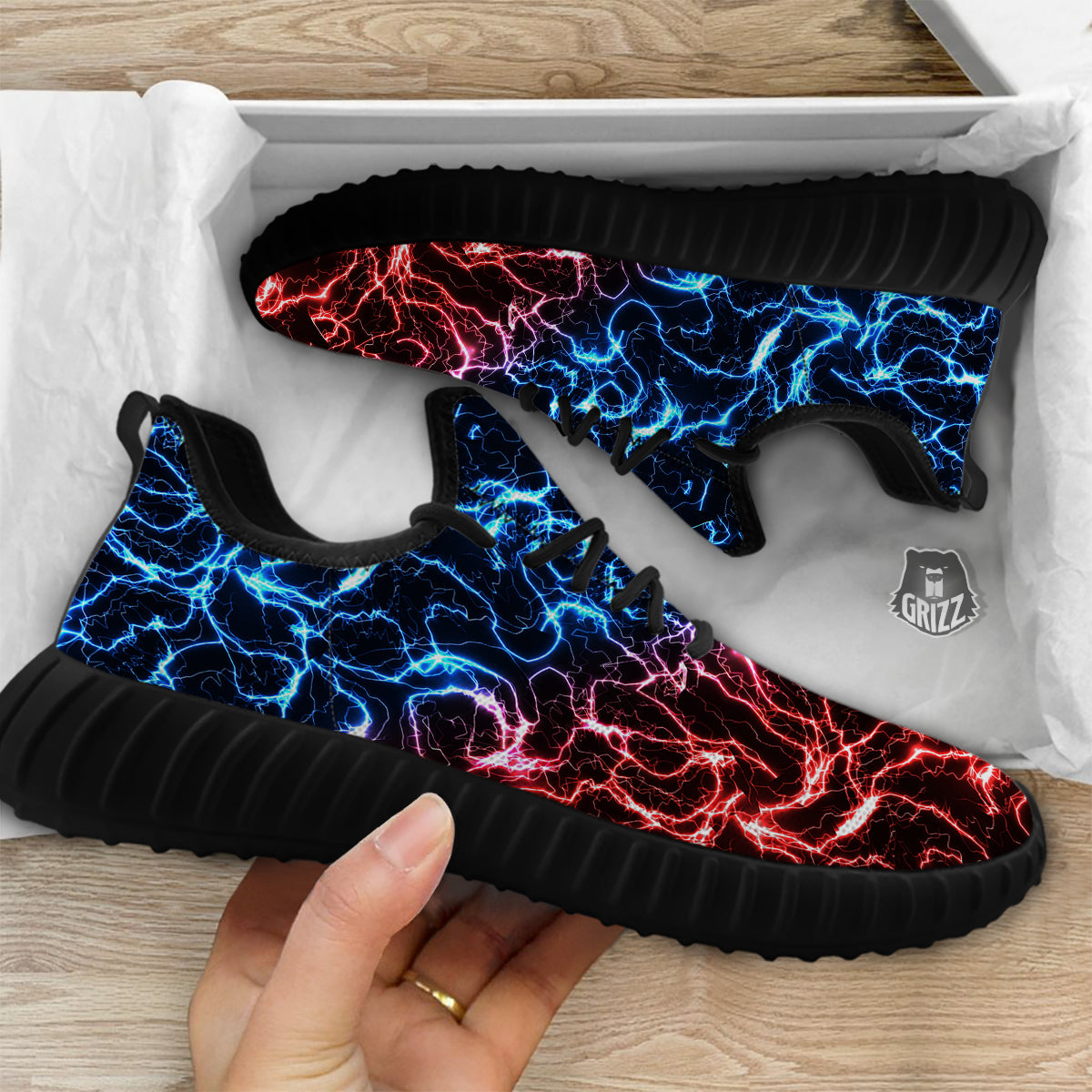 Red And Blue Electrical Print Black Walking Shoes-grizzshop