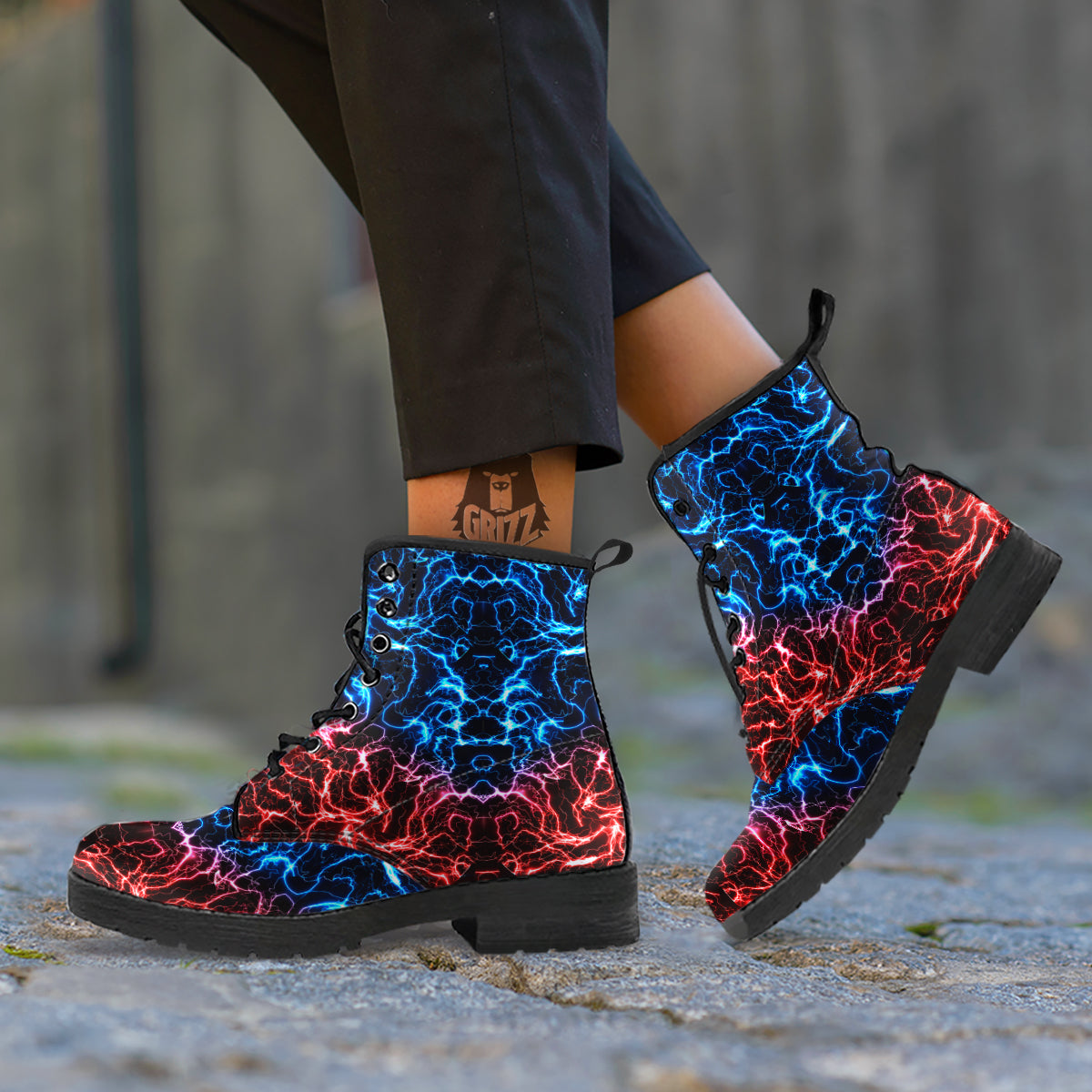 Red And Blue Electrical Print Leather Boots-grizzshop