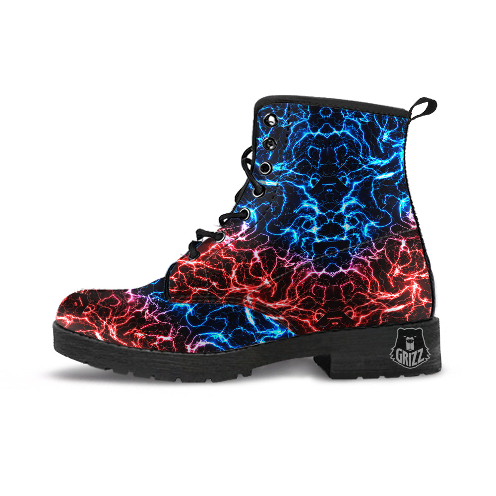 Red And Blue Electrical Print Leather Boots-grizzshop