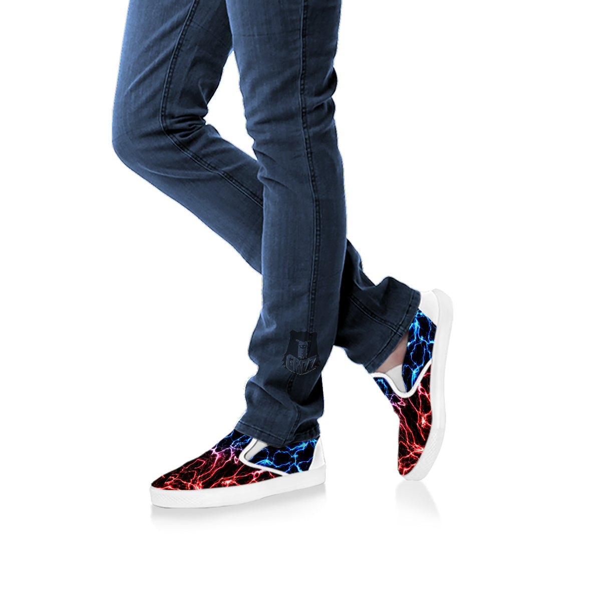 Red And Blue Electrical Print White Slip On Shoes-grizzshop