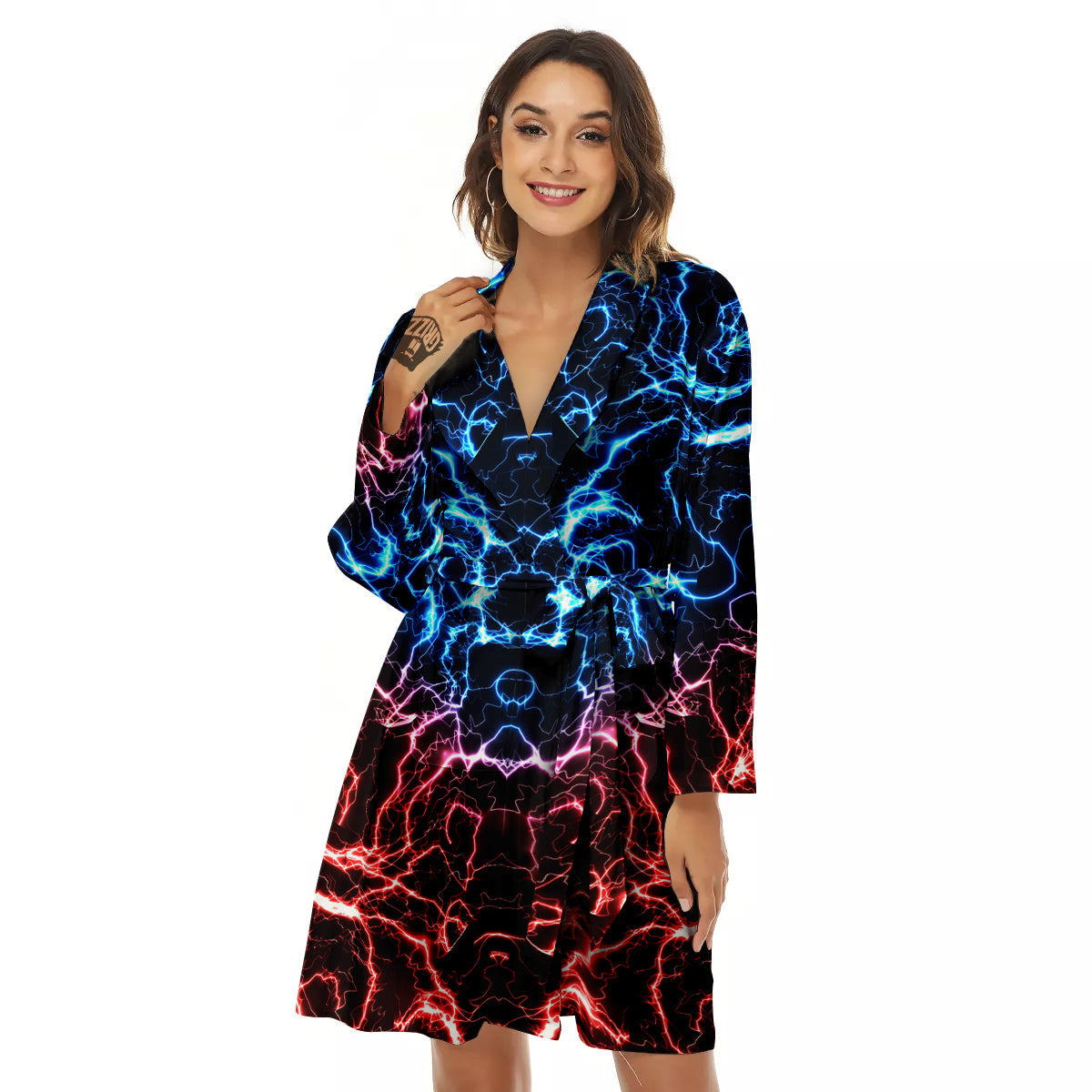 Red And Blue Electrical Print Women's Robe-grizzshop