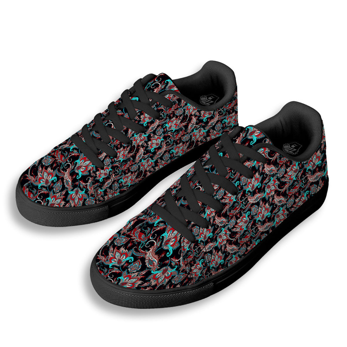Red And Blue Neon Paisley Floral Print Pattern Black Low Top Sneakers-grizzshop