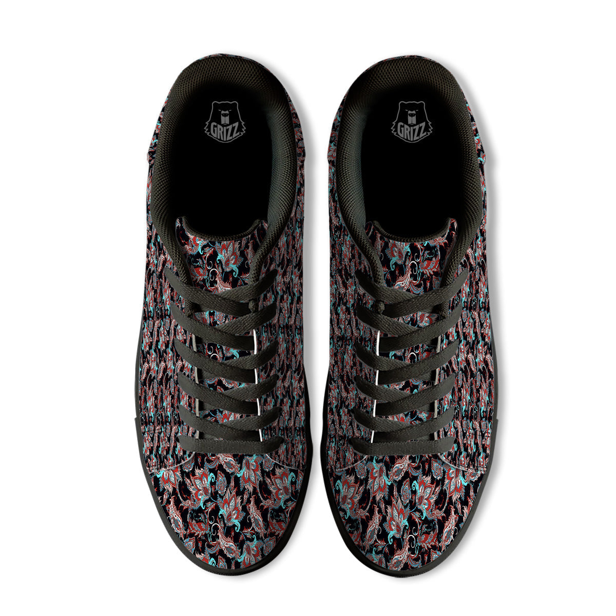 Red And Blue Neon Paisley Floral Print Pattern Black Low Top Sneakers-grizzshop