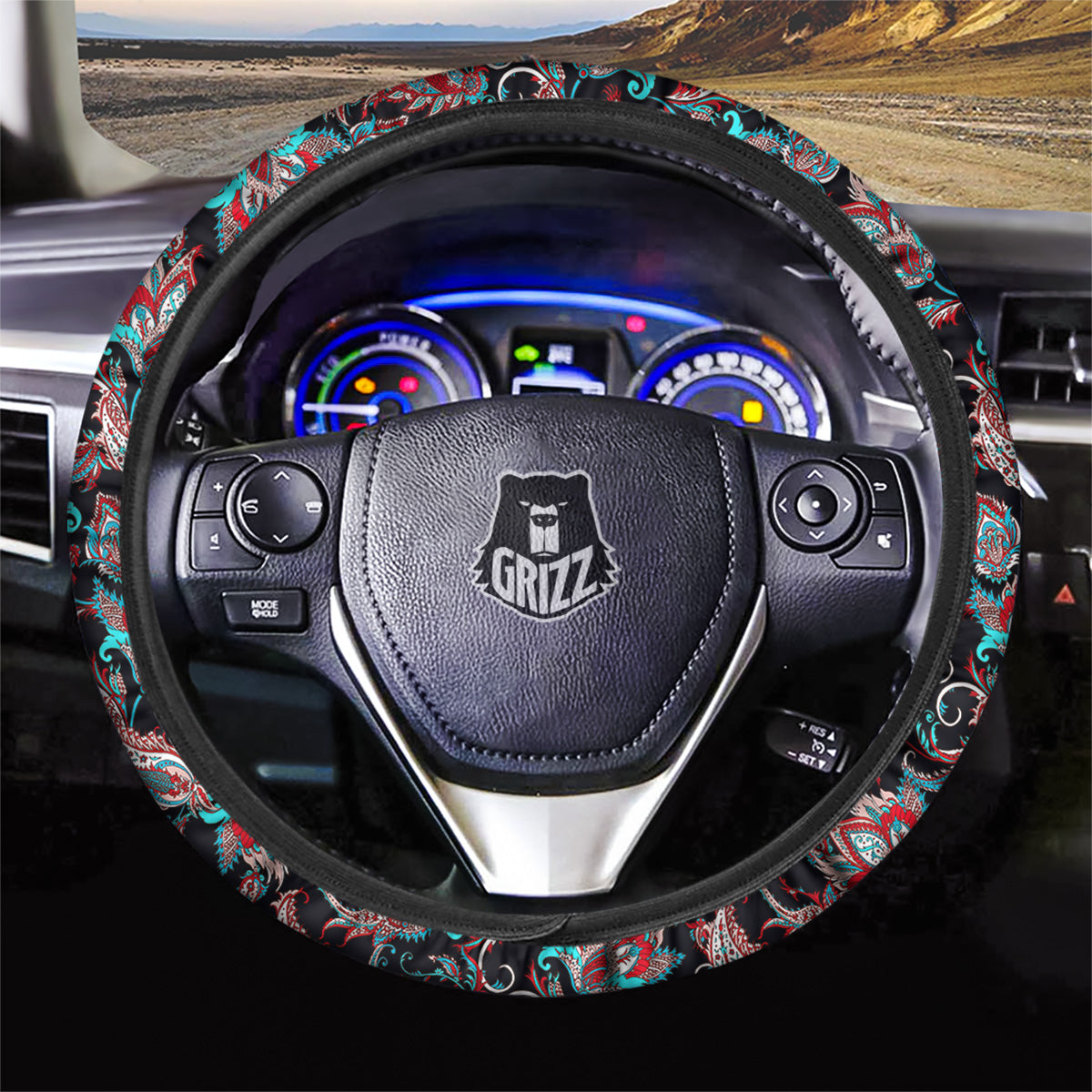 Red And Blue Neon Paisley Floral Print Pattern Car Steering Wheel Cover-grizzshop