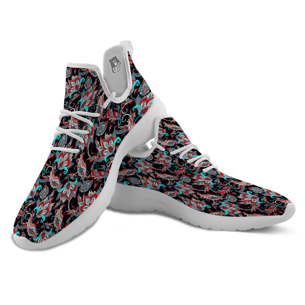 Red And Blue Neon Paisley Floral Print Pattern White Athletic Shoes-grizzshop